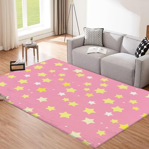 Bonbonrosa Teppich, 160x230cm Waschbare Große Wohnzimmer, Cartoon Gelbe Sterne Teppiche für Schlafzimmer, Verträumt Geometrisch Rutschfeste Low Pile Raumteppich für Küche Eingang Bad Kinderzimmer von CEDNXOER