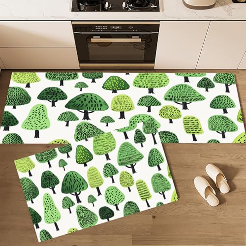 CEDNXOER 2 Stück Washable Rubber Backing Küchenteppich Set, Einfach Pflanzen Wasser und Öl aufnehmen Küche Matten, Cartoon-Wald Fußmatte Teppich Set für Küche, Wäscherei, 43×75cm+43×120cm von CEDNXOER