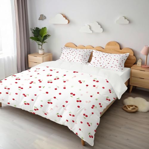 CEDNXOER 3D Rot Kirsche Bettwäsche Set 135x200cm 2 teilig Weiche und Angenehme Microfaser Wendebettwäsche Cartoon-Obst Weiß Bettbezug mit 1 x Kissenbezug 80x80 cm von CEDNXOER