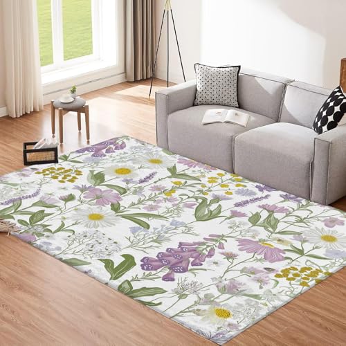 CEDNXOER Abstrakt Blumen Teppich Wohnzimmer 80x150cm, Kurzflor Weich rutschfest Waschbare Teppiche, Veilchen Blumen Deko Teppich Größe Bettvorleger Schlafzimmer Kinderzimmer 80x150cm von CEDNXOER