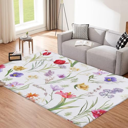 CEDNXOER Abstrakt Wildblumen Teppich Wohnzimmer 120x180cm, Kurzflor Weich rutschfest Waschbare Teppiche, Natürliche Ästhetik Deko Teppich Größe Bettvorleger Schlafzimmer Kinderzimmer 120x180cm von CEDNXOER