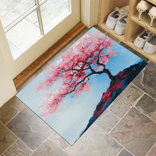 CEDNXOER Blau Fußmatte Innen 40x60 cm Abstrakt Pflanzen, Waschbar Eingangsteppich, Sakura-Baum Blütenblätter Schmutzfangmatte rutschfest, Kurzflor Türmatte Teppich für Eingang, Haustür, Flur von CEDNXOER