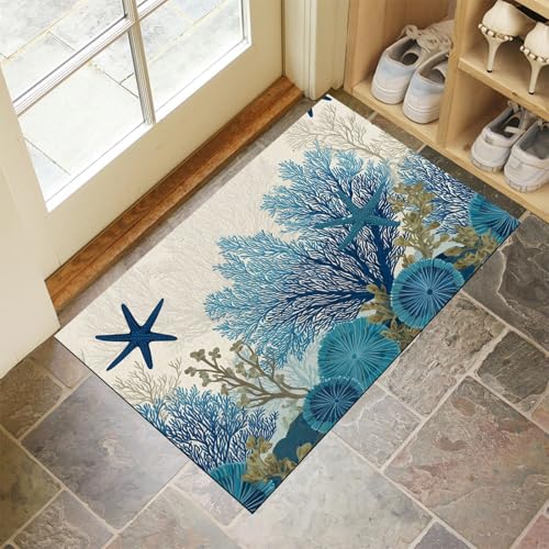CEDNXOER Blau Fußmatte Innen 45x75 cm Abstrakter Ozean, Waschbar Eingangsteppich, Seestern Koralle Schmutzfangmatte rutschfest, Kurzflor Türmatte Teppich für Eingang, Haustür, Flur von CEDNXOER
