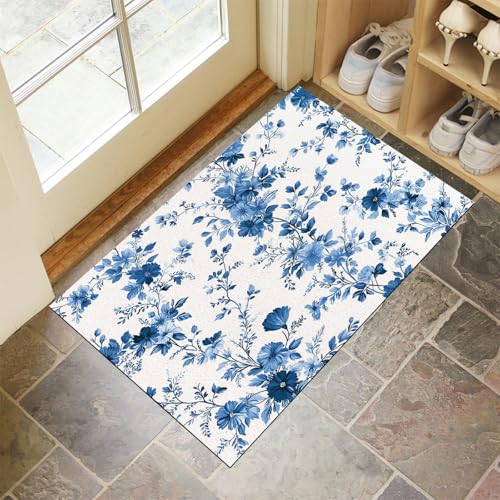 CEDNXOER Blau Fußmatte Innen 80x120 cm Landschaft Blumen, Waschbar Eingangsteppich, Abstrakte Blumen Schmutzfangmatte rutschfest, Kurzflor Türmatte Teppich für Eingang, Haustür, Flur von CEDNXOER