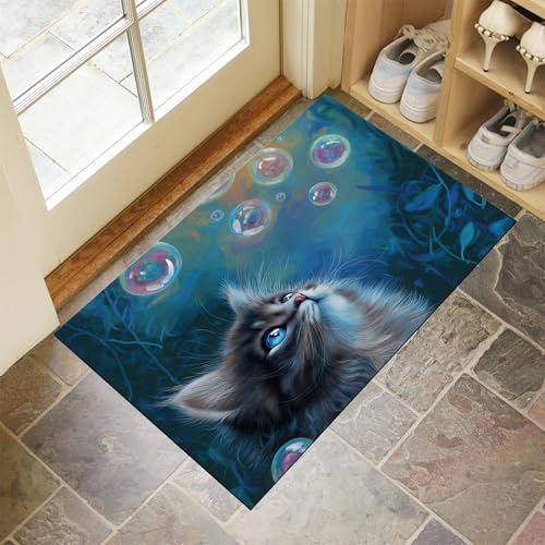 CEDNXOER Blau Fußmatte Innen 80x120 cm Süße Tiere, Waschbar Eingangsteppich, Pelzige Katzenblasen Schmutzfangmatte rutschfest, Kurzflor Türmatte Teppich für Eingang, Haustür, Flur von CEDNXOER