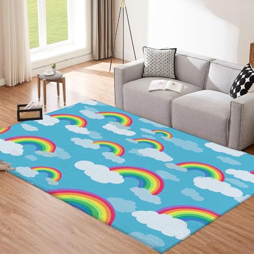 CEDNXOER Cartoon-Regenbogen Teppich für Wohnzimmer, 240x340cm Waschbarer Kurzflor Rechteckiger Rutschfester für Schlafzimmer Küche Esszimmer Weiße Wolke Deko Carpet von CEDNXOER
