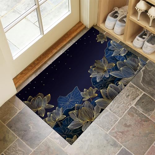 CEDNXOER Dunkelblau Fußmatte Innen 45x75 cm Landschaft Blumen, Waschbar Eingangsteppich, Lotusblätter Schmutzfangmatte rutschfest, Kurzflor Türmatte Teppich für Eingang, Haustür, Flur von CEDNXOER