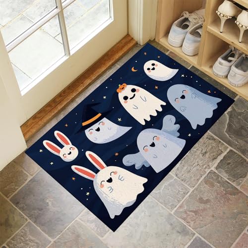 CEDNXOER Dunkelblau Fußmatte Innen 50x80 cm Halloween Geist, Waschbar Eingangsteppich, Niedlicher Geist Schmutzfangmatte rutschfest, Kurzflor Türmatte Teppich für Eingang, Haustür, Flur von CEDNXOER
