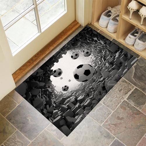 CEDNXOER Dunkelgrau Fußmatte Innen 80x120 cm Durchbruch Mauer, Waschbar Eingangsteppich, 3D Schwarz Weiß Fußball Schmutzfangmatte rutschfest, Kurzflor Türmatte Teppich für Eingang, Haustür, Flur von CEDNXOER