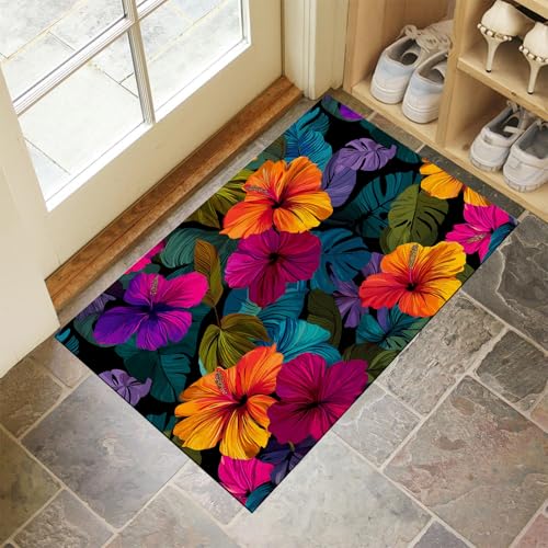 CEDNXOER Eingangsteppich Hibiskusblüten Blätter Fußmatte Innen, rutschfeste Dauerhaft Blumen Pflanzen Fußmatte, Waschbar Schmutz Widerstehen Blau Türmatte Für Haustür Eingang 50x70 cm von CEDNXOER