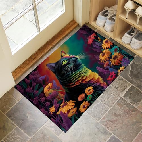 CEDNXOER Eingangsteppich Regenbogen Katze Blumen Fußmatte Innen, rutschfeste Dauerhaft Blumen Tiere Fußmatte, Waschbar Schmutz Widerstehen Grün Türmatte Für Haustür Eingang 50x70 cm von CEDNXOER