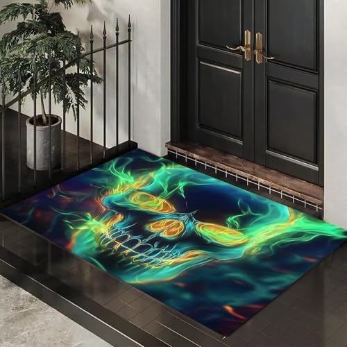 CEDNXOER Eingangsteppich Schädel Fußmatte Innen, rutschfeste Dauerhaft Abstrakt Flamme Schädel Fußmatte, Waschbar Schmutz Widerstehen Grün Türmatte Für Haustür Eingang 45x75 cm von CEDNXOER