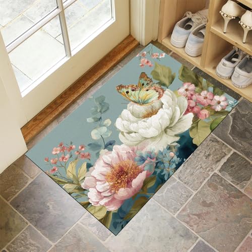 CEDNXOER Eingangsteppich Schmetterling Blume Fußmatte Innen, rutschfeste Dauerhaft Pastoral Pfingstrose Fußmatte, Waschbar Schmutz Widerstehen Hellblau Türmatte Für Haustür Eingang 50x80 cm CEDNXOER Eingangsteppich Schmetterling Blume Fußmatte Innen, rutschfeste Dauerhaft Pastoral Pfingstrose Fußmatte, Waschbar Schmutz Widerstehen Hellblau Türmatte Für Haustür Eingang 50x80 cm von CEDNXOER