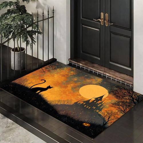 CEDNXOER Eingangsteppich Schwarze Katze Spukhaus Fußmatte Innen, rutschfeste Dauerhaft Vollmond Ölgemälde Fußmatte, Waschbar Schmutz Widerstehen Gelb Türmatte Für Haustür Eingang 50x70 cm von CEDNXOER