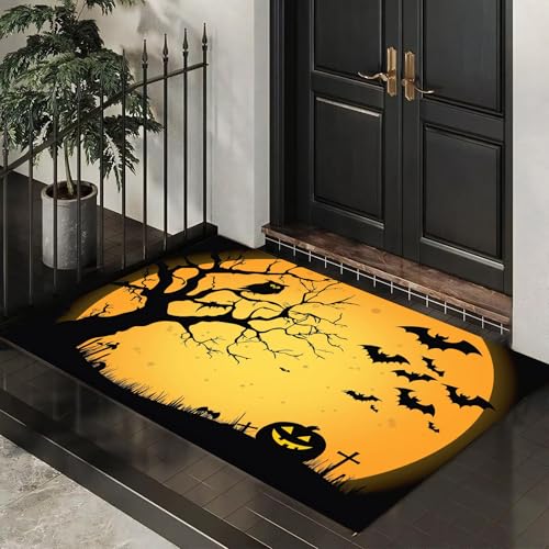 CEDNXOER Eingangsteppich Verdrehter Baum Fußmatte Innen, rutschfeste Dauerhaft Fliegende Fledermäuse Friedhof Fußmatte, Waschbar Schmutz Widerstehen Gelb Türmatte Für Haustür Eingang 50x70 cm von CEDNXOER