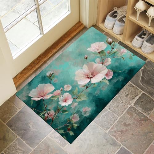 CEDNXOER Eingangsteppich Verträumt Blumen Fußmatte Innen, rutschfeste Dauerhaft Aquarellblumen Fußmatte, Waschbar Schmutz Widerstehen Blau Türmatte Für Haustür Eingang 50x80 cm von CEDNXOER