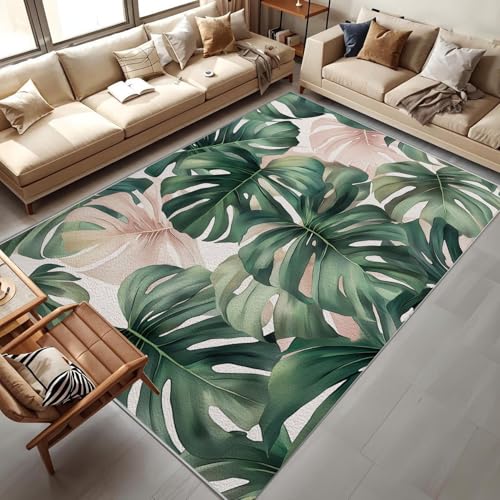 CEDNXOER Elfenbein Waschbarer Teppich Wohnzimmer, 240x340cm,Monstera-Blätter Teppiche,Weich rutschfest Groß Tepich, Tropische Blätter Kurzflor Schlafzimmer Carpet, für Kinderzimmer von CEDNXOER
