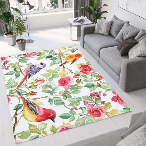CEDNXOER Frühling Blumen Teppich Wohnzimmer 80x150cm, Kurzflor Weich rutschfest Waschbare Teppiche, Cartoon Tiere Vogel Deko Teppich Größe Bettvorleger Schlafzimmer Kinderzimmer 80x150cm von CEDNXOER