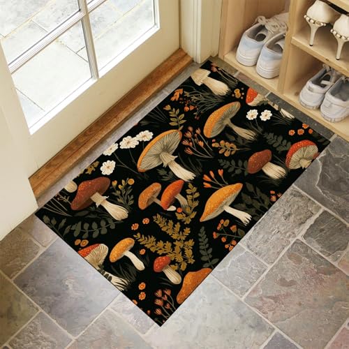 CEDNXOER Fußmatte Innen 45x75 cm, Pilze Blätter Schmutzfangmatte, Natur Pflanzen rutschfest Fußmatte Waschbar, Schwarz Saugstarke Eingangsteppich, Dünne Fussmatte, Türmatte für Eingang von CEDNXOER