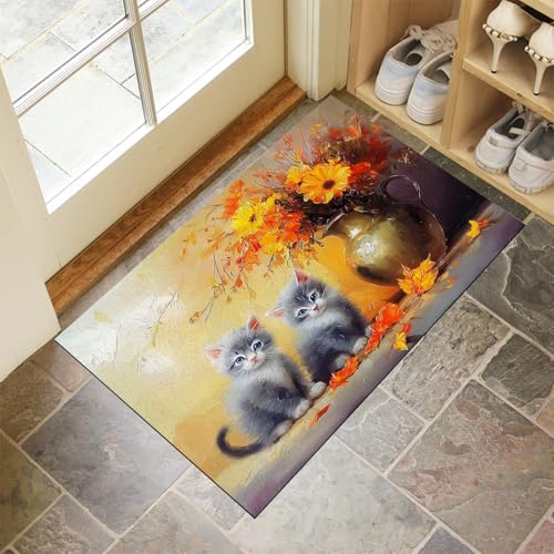 CEDNXOER Fußmatte Innen 50x80 cm, Graue Katze Vase Blumen Schmutzfangmatte, Blumen Tiere rutschfest Fußmatte Waschbar, Gelb Saugstarke Eingangsteppich, Dünne Fussmatte, Türmatte für Eingang CEDNXOER Fußmatte Innen 50x80 cm, Graue Katze Vase Blumen Schmutzfangmatte, Blumen Tiere rutschfest Fußmatte Waschbar, Gelb Saugstarke Eingangsteppich, Dünne Fussmatte, Türmatte für Eingang von CEDNXOER