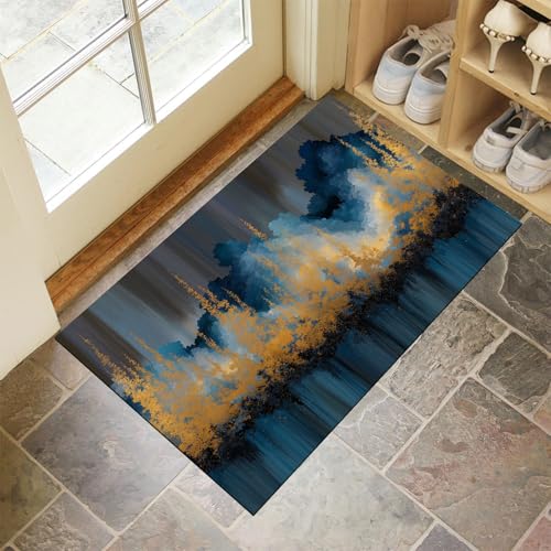 CEDNXOER Fußmatte Innen 60x90 cm, Abstrakter Wald Schmutzfangmatte, Goldfolie Pflanzen rutschfest Fußmatte Waschbar, Blau Saugstarke Eingangsteppich, Dünne Fussmatte, Türmatte für Eingang von CEDNXOER