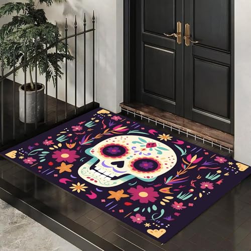 CEDNXOER Fußmatte Innen 90x150 cm, Retro Blumen Totenkopf Schmutzfangmatte, Horror Skelett rutschfest Fußmatte Waschbar, Schwarz Saugstarke Eingangsteppich, Dünne Fussmatte, Türmatte für Eingang von CEDNXOER