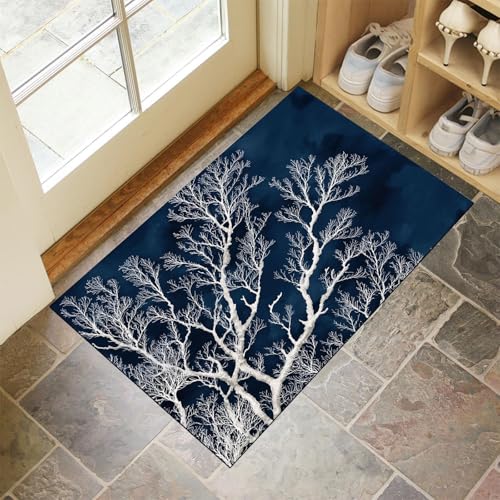 CEDNXOER Fußmatte Innen Waschbare, Dünn Fussmatte Dunkelblau 40x60 cm, Teppich Abstrakt Pflanzen Bettvorleger rutschfest für Schlafzimmer, Korallenzweige Fußmatten Innen für Haustür, Küche von CEDNXOER