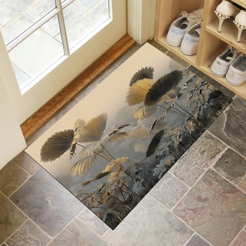 CEDNXOER Fußmatte Innen Waschbare, Dünn Fussmatte Grau 50x80 cm, Teppich Verträumte Pflanzen Bettvorleger rutschfest für Schlafzimmer, Felder Blätter Fußmatten Innen für Haustür, Küche von CEDNXOER