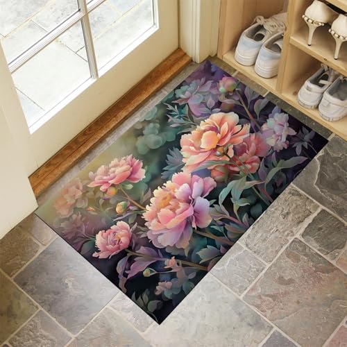 CEDNXOER Fußmatte Innen Waschbare, Dünn Fussmatte Grün 50x70 cm, Teppich Verträumt Blumen Bettvorleger rutschfest für Schlafzimmer, Pfingstrose Und Schmetterling Fußmatten Innen für Haustür, Küche von CEDNXOER
