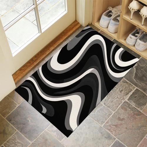 CEDNXOER Fußmatte Innen Waschbare, Dünn Fussmatte Schwarz 40x60 cm, Teppich Retro Wellig Bettvorleger rutschfest für Schlafzimmer, 60Er-Jahre-Streifen Fußmatten Innen für Haustür, Küche von CEDNXOER