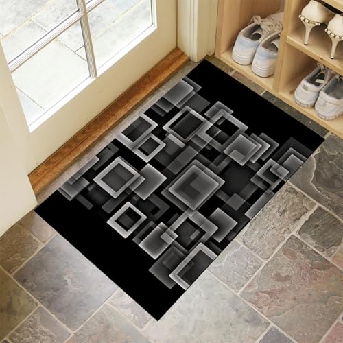 CEDNXOER Fußmatte Innen Waschbare, Dünn Fussmatte Schwarz 45x75 cm, Teppich Abstrakt Geometrisch Bettvorleger rutschfest für Schlafzimmer, Quadrat Rechteck Fußmatten Innen für Haustür, Küche von CEDNXOER