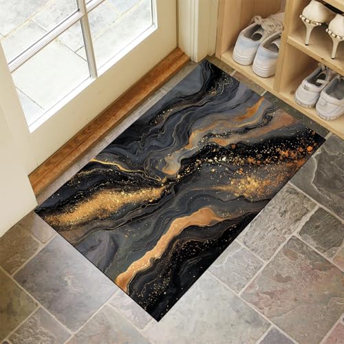 CEDNXOER Fußmatte Innen Waschbare, Dünn Fussmatte Schwarz 50x70 cm, Teppich Goldene Streifen Bettvorleger rutschfest für Schlafzimmer, Abstrakter Marmor Fußmatten Innen für Haustür, Küche von CEDNXOER
