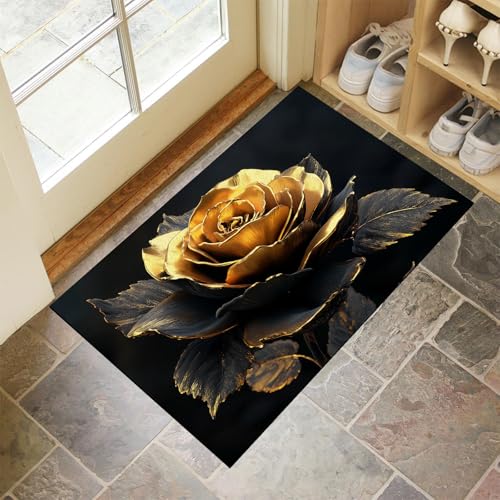 CEDNXOER Fußmatte Innen Waschbare, Dünn Fussmatte Schwarz 90x150 cm, Teppich Luxus Blumen Bettvorleger rutschfest für Schlafzimmer, Goldene Blütenblätter Rosen Fußmatten Innen für Haustür, Küche CEDNXOER Fußmatte Innen Waschbare, Dünn Fussmatte Schwarz 90x150 cm, Teppich Luxus Blumen Bettvorleger rutschfest für Schlafzimmer, Goldene Blütenblätter Rosen Fußmatten Innen für Haustür, Küche von CEDNXOER