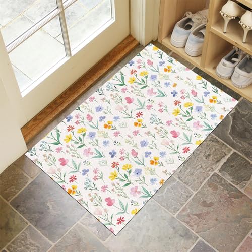 CEDNXOER Fußmatte Innen Waschbare, Dünn Fussmatte Weiß 90x150 cm, Teppich Landschaft Blumen Bettvorleger rutschfest für Schlafzimmer, Wildblumen Blätter Fußmatten Innen für Haustür, Küche von CEDNXOER