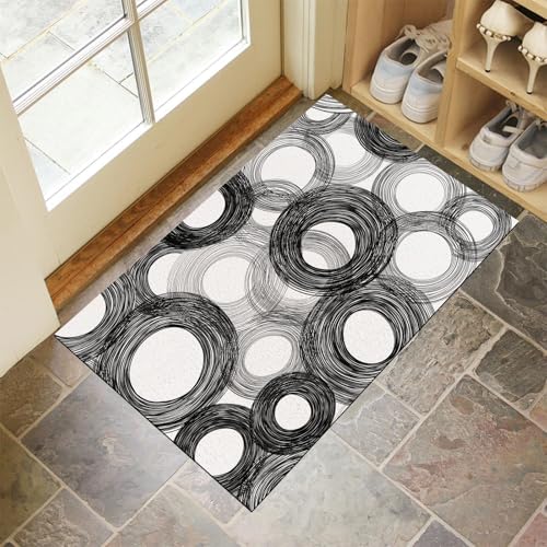 CEDNXOER Fußmatte Innen Waschbare, Dünn Fussmatte Weiß 90x150 cm, Teppich Schwarze Linien Geometrie Bettvorleger rutschfest für Schlafzimmer, Handgezeichnete Kreise Fußmatten Innen für Haustür, Küche von CEDNXOER