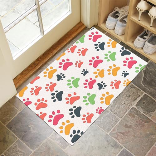 CEDNXOER Fußmatte Innen Waschbare, Dünn Fussmatte Weiß 90x150 cm, Teppich Tiere Bettvorleger rutschfest für Schlafzimmer, Interessante Hundepfotenabdrücke Fußmatten Innen für Haustür, Küche von CEDNXOER