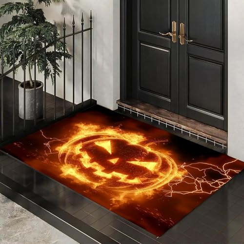 CEDNXOER Fußmatte für den Inne, 40x60 cm, rutschfeste Willkommens Halloween-Fußmatten, Flamme Blitz Kürbis waschbare Bodenmatte, Cartoon-Hintergrund, Türvorleger für den Eingangsbereich von CEDNXOER
