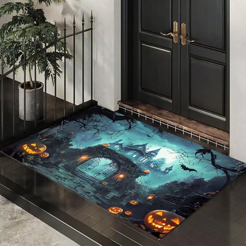 CEDNXOER Fußmatte für den Inne, 40x60 cm, rutschfeste Willkommens Halloween-Fußmatten, Spukhaus Steintorbogen waschbare Bodenmatte, Spinnennetz Kürbis, Türvorleger für den Eingangsbereich von CEDNXOER