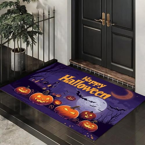 CEDNXOER Fußmatte für den Inne, 40x60 cm, rutschfeste Willkommens Halloween-Fußmatten, Vollmond Nachthimmel Kürbis waschbare Bodenmatte, Fledermäuse Dorf, Türvorleger für den Eingangsbereich von CEDNXOER