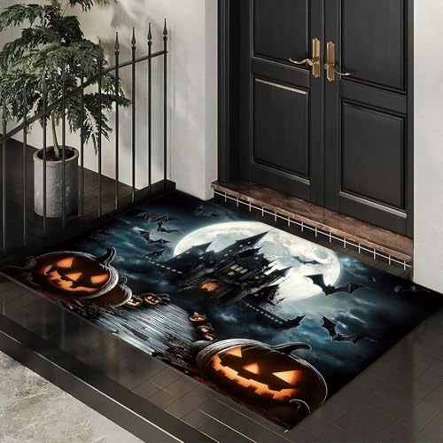 CEDNXOER Fußmatte für den Inne, 45x75 cm, rutschfeste Willkommens Halloween-Fußmatten, Vollmond Schloss waschbare Bodenmatte, Gruselig Fledermäuse Kürbisse, Türvorleger für den Eingangsbereich von CEDNXOER
