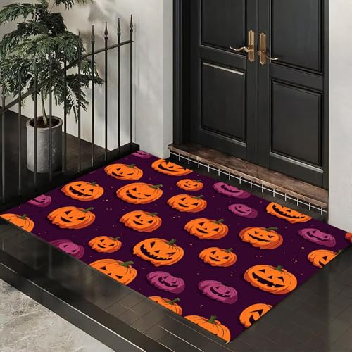 CEDNXOER Fußmatte für den Inne, 50x80 cm, rutschfeste Willkommens Halloween-Fußmatten, Cartoon-Kürbisgesicht waschbare Bodenmatte, Orangefarbener Retro-Kürbis, Türvorleger für den Eingangsbereich von CEDNXOER
