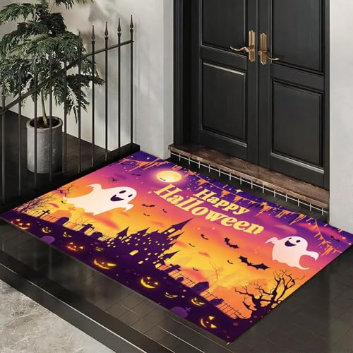 CEDNXOER Fußmatte für den Inne, 50x80 cm, rutschfeste Willkommens Halloween-Fußmatten, Niedlich Geist Spukhaus waschbare Bodenmatte, Schloss Und Fledermäuse, Türvorleger für den Eingangsbereich von CEDNXOER