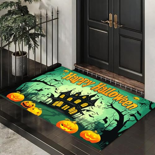 CEDNXOER Fußmatte für den Inne, 60x90 cm, rutschfeste Willkommens Halloween-Fußmatten, Düsteres Spukhaus waschbare Bodenmatte, Kürbisse Und Fledermäuse, Türvorleger für den Eingangsbereich von CEDNXOER