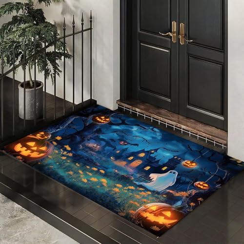 CEDNXOER Fußmatte für den Inne, 60x90 cm, rutschfeste Willkommens Halloween-Fußmatten, Geisterwald waschbare Bodenmatte, Blumen Kürbisse, Türvorleger für den Eingangsbereich von CEDNXOER