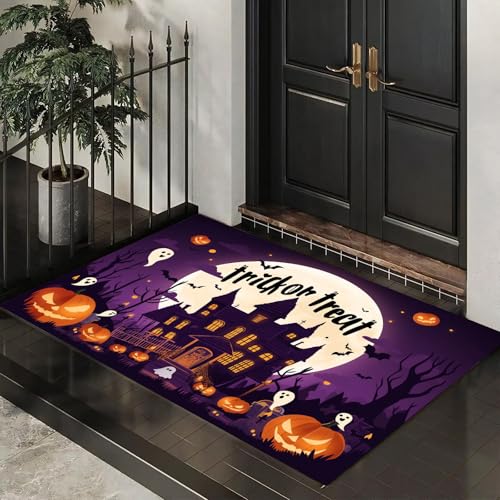 CEDNXOER Fußmatte für den Inne, 60x90 cm, rutschfeste Willkommens Halloween-Fußmatten, Nachthimmel Düster Schloss waschbare Bodenmatte, Kürbisse Geister, Türvorleger für den Eingangsbereich von CEDNXOER