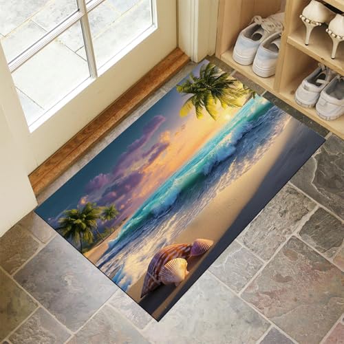 CEDNXOER Gold Fußmatte Innen 50x70 cm Abstrakt Seestück, Waschbar Eingangsteppich, Palmen Sonnenuntergang Wellen Schmutzfangmatte rutschfest, Kurzflor Türmatte Teppich für Eingang, Haustür, Flur von CEDNXOER