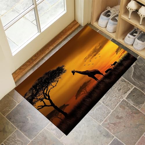 CEDNXOER Gold Fußmatte Innen 90x150 cm Natürliche Tiere, Waschbar Eingangsteppich, Afrika-Giraffe Sonnenuntergang Schmutzfangmatte rutschfest, Kurzflor Türmatte Teppich für Eingang, Haustür, Flur von CEDNXOER