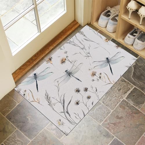 CEDNXOER Grau Fußmatte Innen 50x80 cm Landschaft Blumen, Waschbar Eingangsteppich, Libelle Wildblumen Schmutzfangmatte rutschfest, Kurzflor Türmatte Teppich für Eingang, Haustür, Flur von CEDNXOER