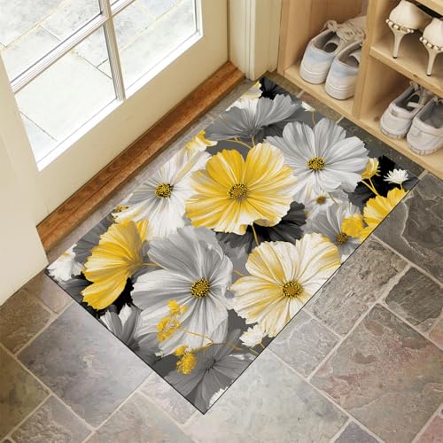 CEDNXOER Grau Fußmatte Innen 90x150 cm Landschaft Blumen, Waschbar Eingangsteppich, Gänseblümchen Kosmos Schmutzfangmatte rutschfest, Kurzflor Türmatte Teppich für Eingang, Haustür, Flur von CEDNXOER