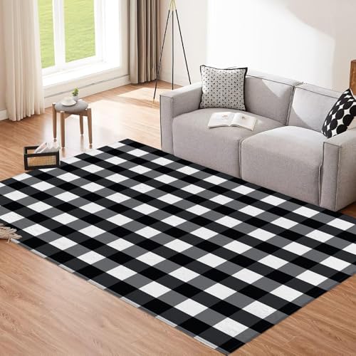 CEDNXOER Grau Teppich, 240x340cm Waschbare Große Wohnzimmer, Schwarz Weiß Karo Teppiche für Schlafzimmer, Einfach Streifen rutschfeste Low Pile Raumteppich für Küche Eingang Bad Kinderzimmer von CEDNXOER